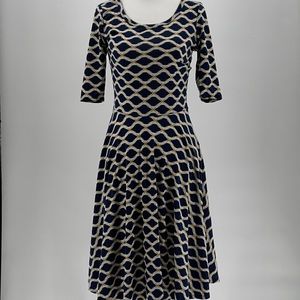 LuLaRoe Blue and Gold Short Sleeve Women's Midi A Style  Dress Size XS